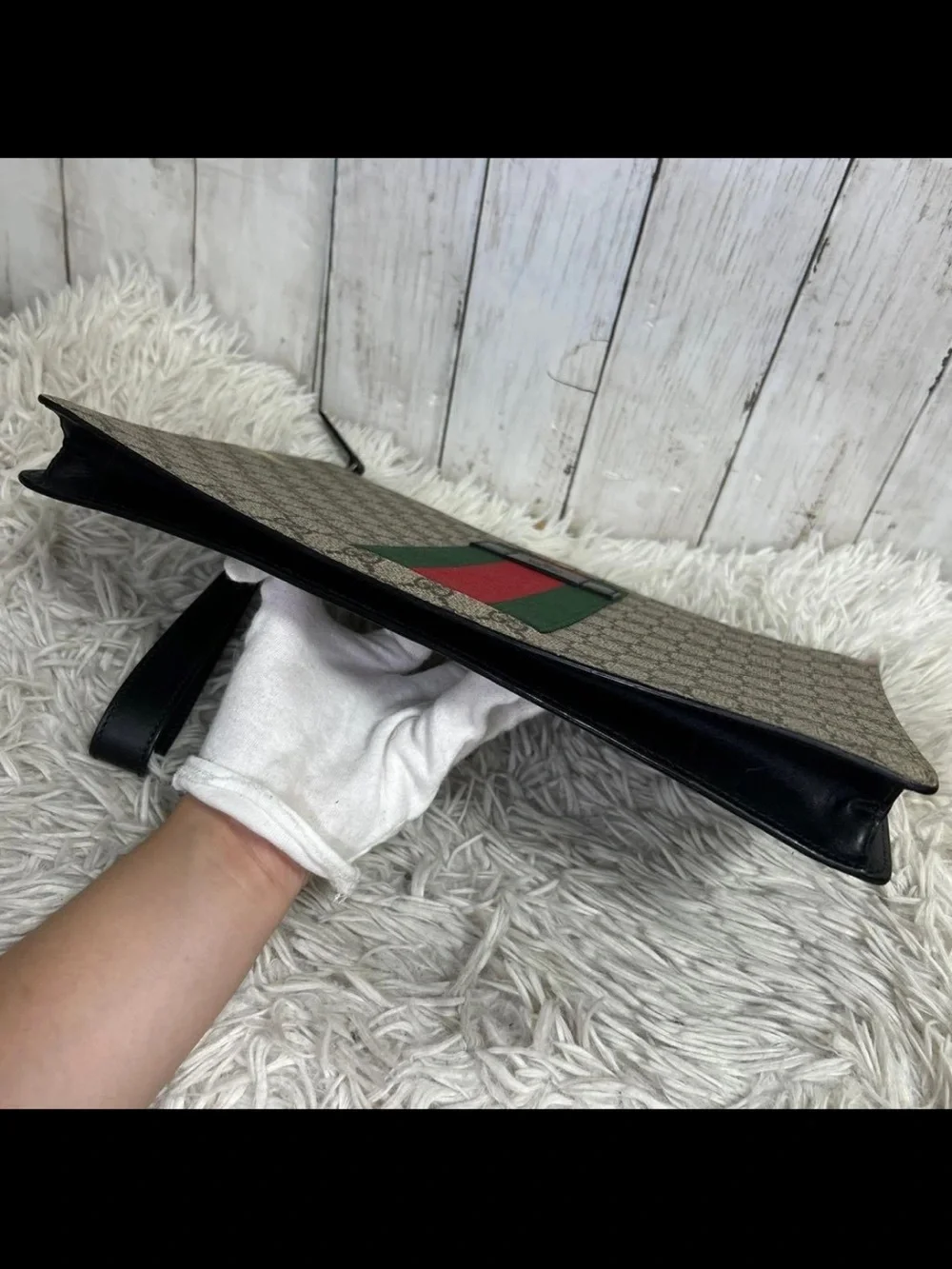 Gucci Beige GG Supreme Canvas Wristlet with Red and Green Web Stripe